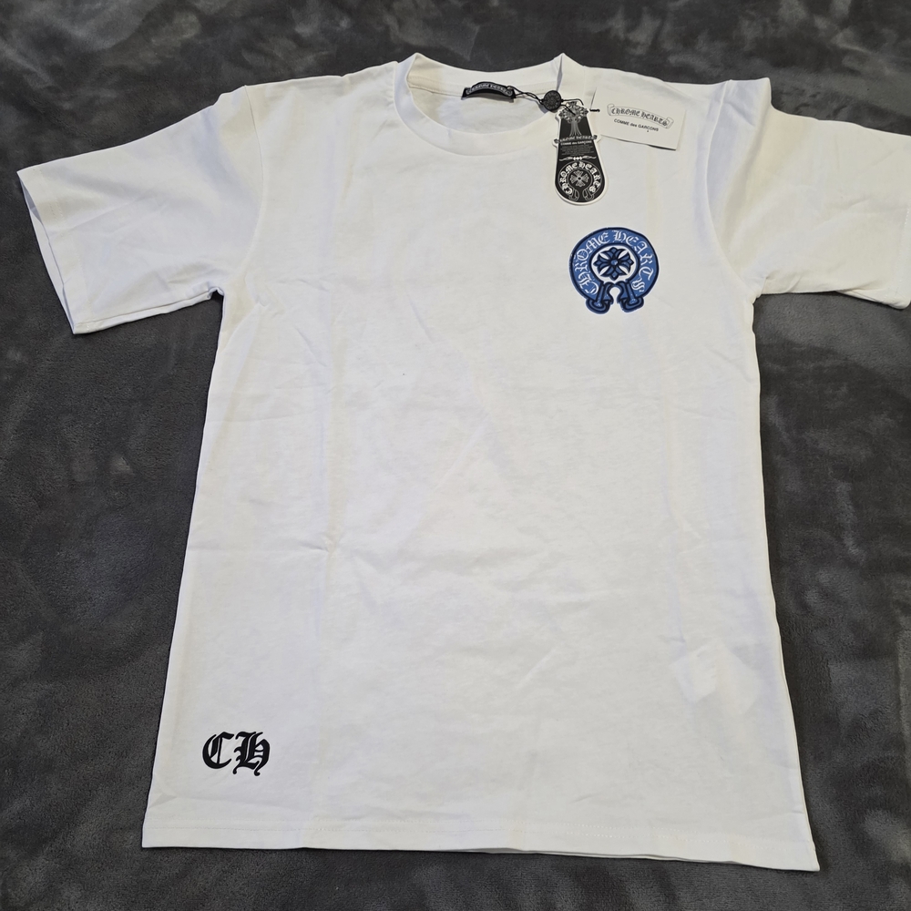 Chrome Hearts Horseshoe Logo T-Shirt in white cotton with a blue logo SML
